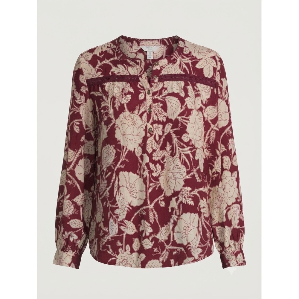 Time and Tru Women Boho Whimsy Burgundy Floral Henley Blouse Crochet Lace XXL